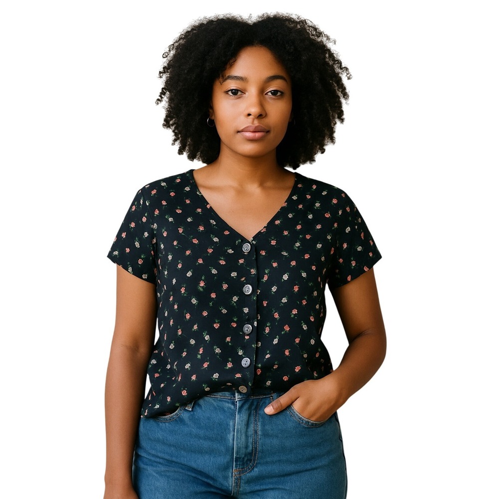 STUDIO 25 VINTAGE 90s Floral Button Front Shirt Rayon Black Size M